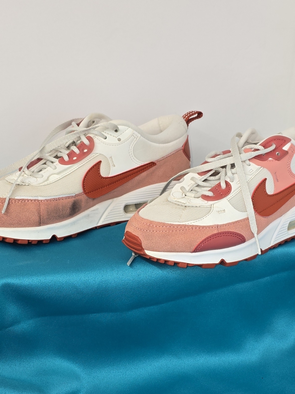 Nike Women's White and Coral Pink Sneakers with Rust Swoosh